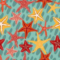 Starfishes, shells and stones flat hand drawn vector seamless pattern. Colorful wallpaper in scandinavian style. Summer sea background. Abstract design for prints, wrap, textile, fabric, decor, cards.