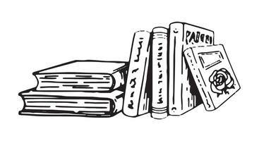 Outline doodle of stack of books. Hand drawn vector illustration. Engraving retro style clipart isolated on white background.