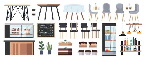 Restaurant interior elements constructor mega set in flat graphic design. Creator kit with cafe tables and chairs, coffee cups, drinks, showcase with desserts, pastry, counter. Vector illustration.