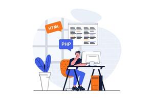 Programming web concept with character scene. Man working with php and html languages and making program. People situation in flat design. Vector illustration for social media marketing material.