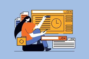 Woman working concept with people scene in flat design for web. Businesswoman analyzing schedule, doing tasks, planning to deadline. Vector illustration for social media banner, marketing material.