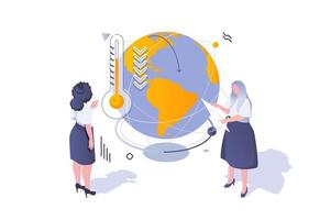 Eco lifestyle concept in 3d isometric design. Environmental activists study climate change and global temperature increase on planet. Vector illustration with isometric people scene for web graphic