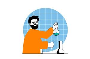 Education concept with people scene in flat web design. Man working as teacher and explaining chemistry with chemical tests in lab. Vector illustration for social media banner, marketing material.