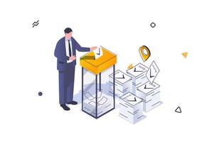 Election and voting concept in 3d isometric design. Man votes in democratic election and puts his ballot in box in confidential booth. Vector illustration with isometric people scene for web graphic