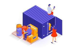 Transportation and logistics concept in 3d isometric design. People loading boxes to ship container, delivering barrels and cardboard packages. Vector illustration with isometry scene for web graphic