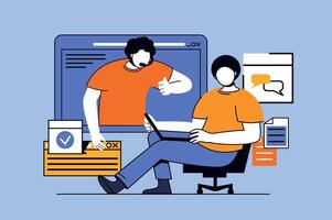 Virtual assistant concept with people scene in flat design for web. Man calling to helpdesk and getting help and solving problem. Vector illustration for social media banner, marketing material.