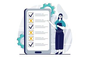 Online survey concept with people scene in flat design for web. Woman puts cross or tick in questionnaire or quiz on mobile phone. Vector illustration for social media banner, marketing material.