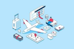 Booking flight concept in 3d isometric design. People choosing travel destination and creating route, ordering and buying tickets to plane. Vector illustration with isometry scene for web graphic