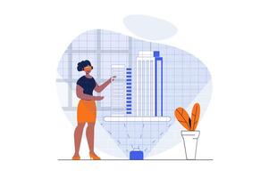 ciberespacio web concepto con personaje escena. mujer en vr creando edificios holograma para arquitecto proyecto. personas situación en plano diseño. vector ilustración para social medios de comunicación márketing material.