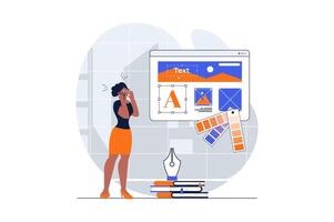 Web design concept with character scene. Woman creating page layouts with elements, research colours palettes. People situation in flat design. Vector illustration for social media marketing material.