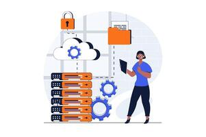 Cloud data center web concept with character scene. Woman working in hardware room of servers and hosting. People situation in flat design. Vector illustration for social media marketing material.