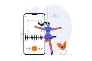 People dancing web concept with character scene. Woman enjoying dance in studio and training with mobile app. People situation in flat design. Vector illustration for social media marketing material.