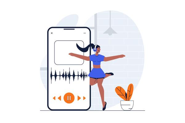 People dancing web concept with character scene. Woman enjoying dance in studio and training with mobile app. People situation in flat design. Vector illustration for social media marketing material.