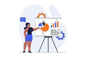 Financial planning web concept with character scene. Woman analyzing statistics and making presentation. People situation in flat design. Vector illustration for social media marketing material.