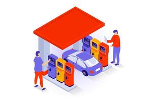 Oil industry concept in 3d isometric design. People refueling car at petrol filling station, gaz or benzine for automobile refilling service. Vector illustration with isometry scene for web graphic