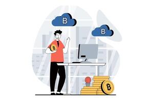 Cryptocurrency mining concept with people scene in flat design for web. Man mining bitcoins, using cloud computing at data center. Vector illustration for social media banner, marketing material.