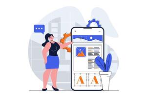 App development web concept with character scene. Woman programming, coding, creating mobile interface layout. People situation in flat design. Vector illustration for social media marketing material.