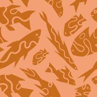 Abstract fishes simple geometric style ornament. Seamless pattern of underwater sea creatures in primitive art style. Hand drawn vector illustration.