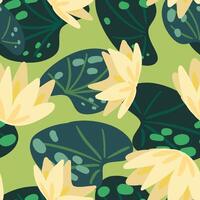 Water lily, leaves, swamp plants. Abstract vector seamless pattern. Colored cartoon botanical ornament. Fresh modern design for print, fabric, textile, background, wallpaper, wrap, card, decoration.