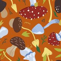 Cute mushrooms flat hand drawn vector seamless pattern. Colorful wallpaper in scandinavian style. Autumn harvest sketches background for original design, print, wrapping, textile, fabric, decor, card.