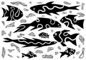 Abstract fishes simple geometric style. Collection of underwater sea creature in primitive art style. Hand drawn vector illustration isolated on white.