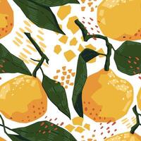 Seamless pattern of tangerines in modern geometric style. Vector illustration of citrus fruits. Mandarin oranges abstract ornament.