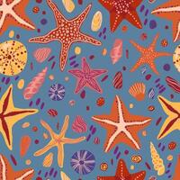 Starfishes, shells and stones flat hand drawn vector seamless pattern. Colorful wallpaper in scandinavian style. Summer sea background. Abstract design for prints, wrap, textile, fabric, decor, cards.
