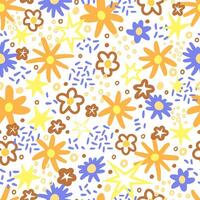 Cute flower doodles hand drawn vector seamless pattern. Colorful background in vintage style. Universal simple design for print, wallpaper, wrapping paper, card, textile, fabric, decoration.