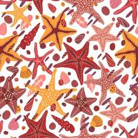 Starfishes, shells and stones flat hand drawn vector seamless pattern. Colorful wallpaper in scandinavian style. Summer sea background. Abstract design for prints, wrap, textile, fabric, decor, cards.