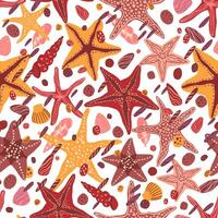 Starfishes, shells and stones flat hand drawn vector seamless pattern. Colorful wallpaper in scandinavian style. Summer sea background. Abstract design for prints, wrap, textile, fabric, decor, cards.