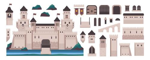 Medieval castle elements constructor mega set in flat graphic design. Creator kit with ancient kingdom palace exterior, gates, towers, doors, windows, flags and archways, other. Vector illustration.