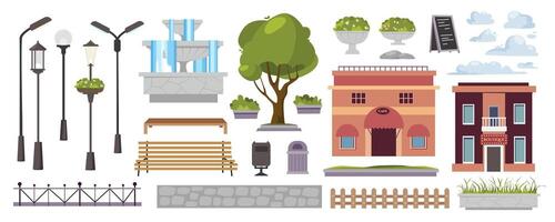 Park equipment elements constructor mega set in flat graphic design. Creator kit with street lanterns, fountain, green trees, benches, fences, buildings, urban infrastructure. Vector illustration.