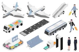 Airport isometric elements constructor mega set. Creator kit with flat graphic airplanes, security control, baggage line, seats in waiting room, passengers. Vector illustration in 3d isometry design