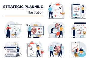 Strategic planning concept with character situations mega set. Bundle of scenes people analyze data statistics, create development plan, improving strategy. Vector illustrations in flat web design