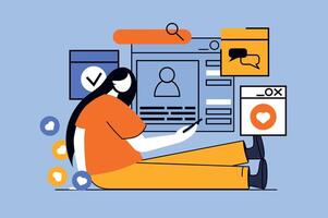 Social network concept with people scene in flat design for web. Woman scrolling in browser, posting photo and likes, chatting online. Vector illustration for social media banner, marketing material.