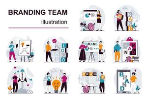 Branding team concept with character situations mega set. Bundle of scenes people launch brand, create logo and identity, making marketing promotional campaign. Vector illustrations in flat web design