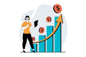 Stock market concept with people scene in flat design for web. Woman making success invests and getting financial growth on chart. Vector illustration for social media banner, marketing material.