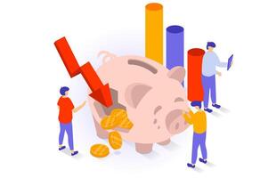 Unemployment and crisis concept in 3d isometric design. People have financial problems and money recession, break piggy bank and lose savings. Vector illustration with isometry scene for web graphic