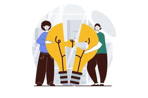 Teamwork concept with people scene in flat design for web. Woman and man holding light bulb pieces, brainstorming and collaboration. Vector illustration for social media banner, marketing material.