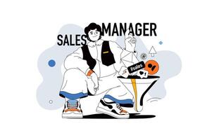 Sales manager concept with people scene in flat line design for web. Man uses marketing tools for increase profit and online promotion. Vector illustration for social media banner, marketing material.