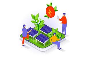 Eco lifestyle concept in 3d isometric design. People use solar panels station to generate clean green electricity and save plants and nature. Vector illustration with isometry scene for web graphic