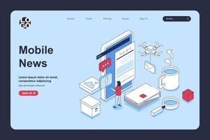 Mobile news concept in 3d isometric design for landing page template. People receiving new correspondence notifications, reading breaking news or articles at online press. Vector illustration for web