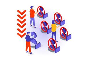 Unemployment and crisis concept in 3d isometric design. People massively lose their jobs and suffer layoffs, have financial problems and debts. Vector illustration with isometry scene for web graphic