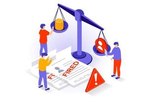 Unemployment and crisis concept in 3d isometric design. People make decisions to fire employees, choose candidates, career failure and stress. Vector illustration with isometry scene for web graphic