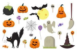 Halloween mega set elements in flat design. Bundle of witch cauldron, evil pumpkin, bats by moon, broom, candy, spider on web, ghost, black cat, other. Vector illustration isolated graphic objects