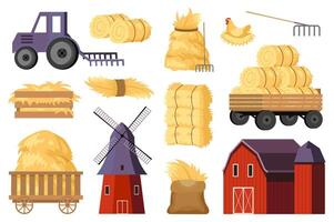 heno fardos a granja mega conjunto elementos en plano diseño. haz de tractor, granero, molino, carretillas y caja, Paja en rollos, muchísimo y pilas de heno. vector ilustración aislado gráfico objetos