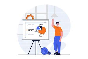 Business startup web concept with character scene. Man creates strategy for project and shows presentation. People situation in flat design. Vector illustration for social media marketing material.