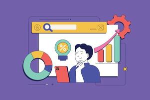 Digital business concept in flat neo brutalism design for web. Man makes data analysis, investing money, advertising, attracts clients. Vector illustration for social media banner, marketing material.