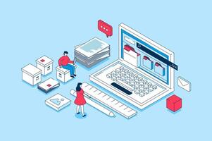 Electronic organization files concept in 3d isometric design. People working with digital database, organizing files in folders on laptop. Vector illustration with isometry scene for web graphic