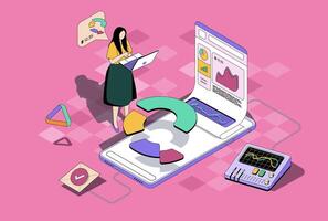 Business statistics concept in 3d isometric design. Woman analyzing stock market on diagrams, charts and graphs at dashboard screens. Vector illustration with isometry people scene for web graphic